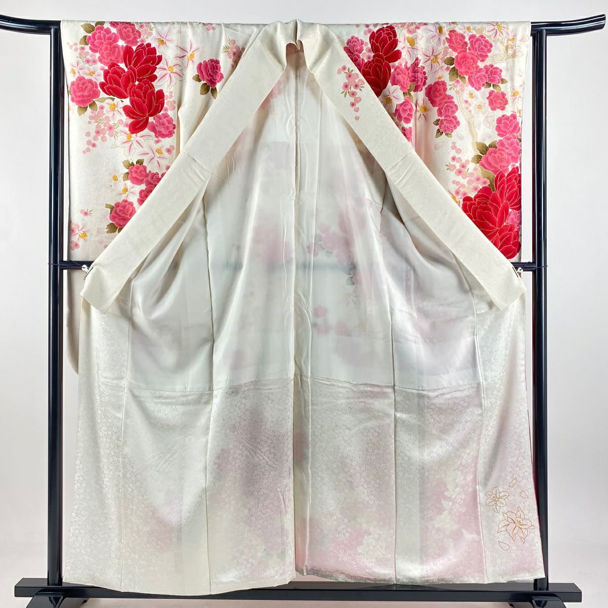 振袖禮服 身長156cm 袖長63cm S 雙層 薔薇 草花紋紋 金銀彩 金糸 奶油色 純蠶絲 逸品級