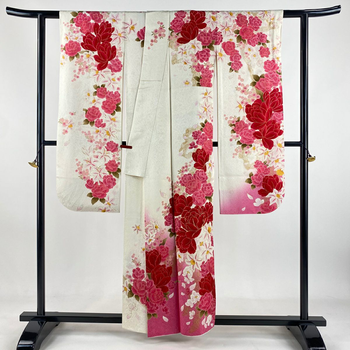 振袖禮服 身長156cm 袖長63cm S 雙層 薔薇 草花紋紋 金銀彩 金糸 奶油色 純蠶絲 逸品級