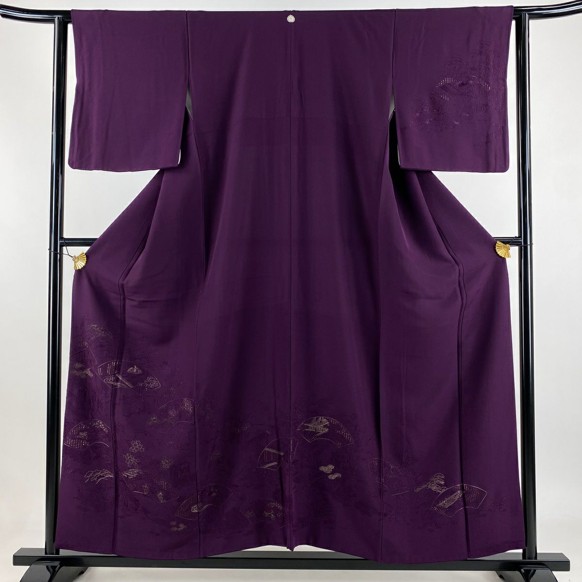 訪問服 身長157cm 袖長62cm S 雙層 扇子面 御所車 金糸 刺繡 紫 純蠶絲 秀品級 一つ紋