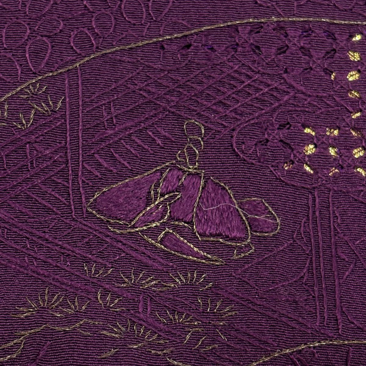訪問服 身長157cm 袖長62cm S 雙層 扇子面 御所車 金糸 刺繡 紫 純蠶絲 秀品級 一つ紋
