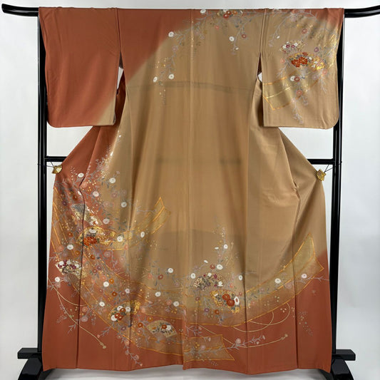 訪問服 身長164.5cm 袖長66cm M 雙層 落款有 扇子子 草花紋紋 金銀彩 染分 橙色 純蠶絲 優品級