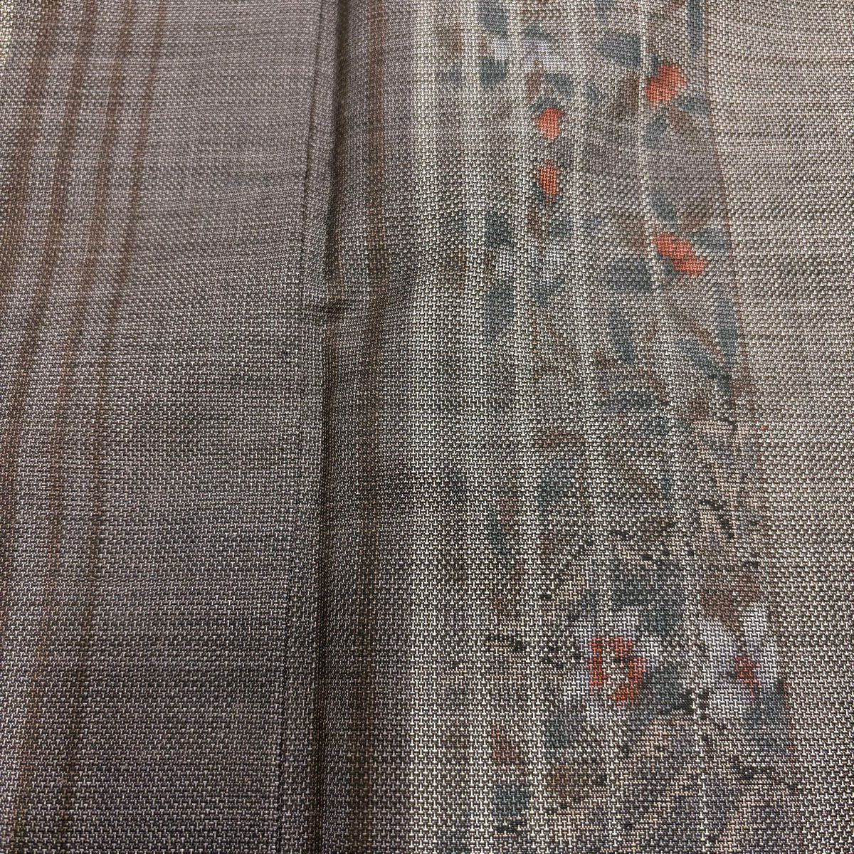 【美品】 紬織織 身長154cm 袖長62.5cm S 雙層 縞紋 草花紋紋 焦茶 純蠶絲 秀品級