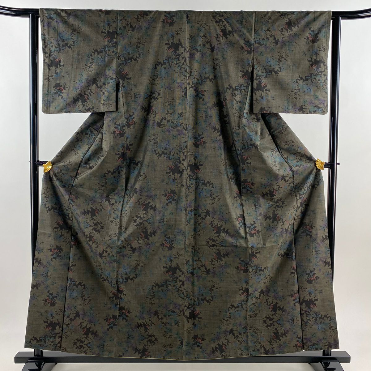 紬織 身長159cm 袖長63cm S 雙層 草花紋紋 黑灰 純蠶絲 秀品級