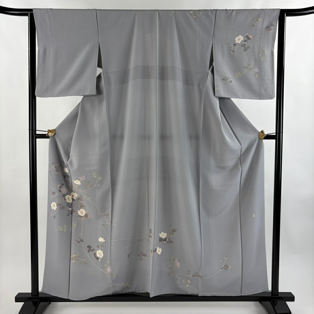 訪問服 身長169cm 袖長63.5cm S 雙層 落款あり 枝花 灰 純蠶絲 秀品級 一つ紋
