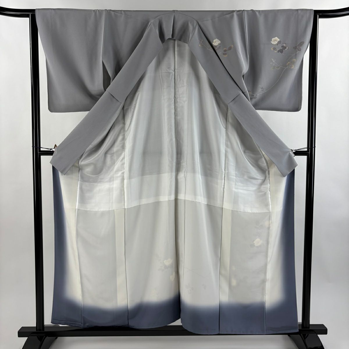 訪問服 身長169cm 袖長63.5cm S 雙層 落款あり 枝花 灰 純蠶絲 秀品級 一つ紋