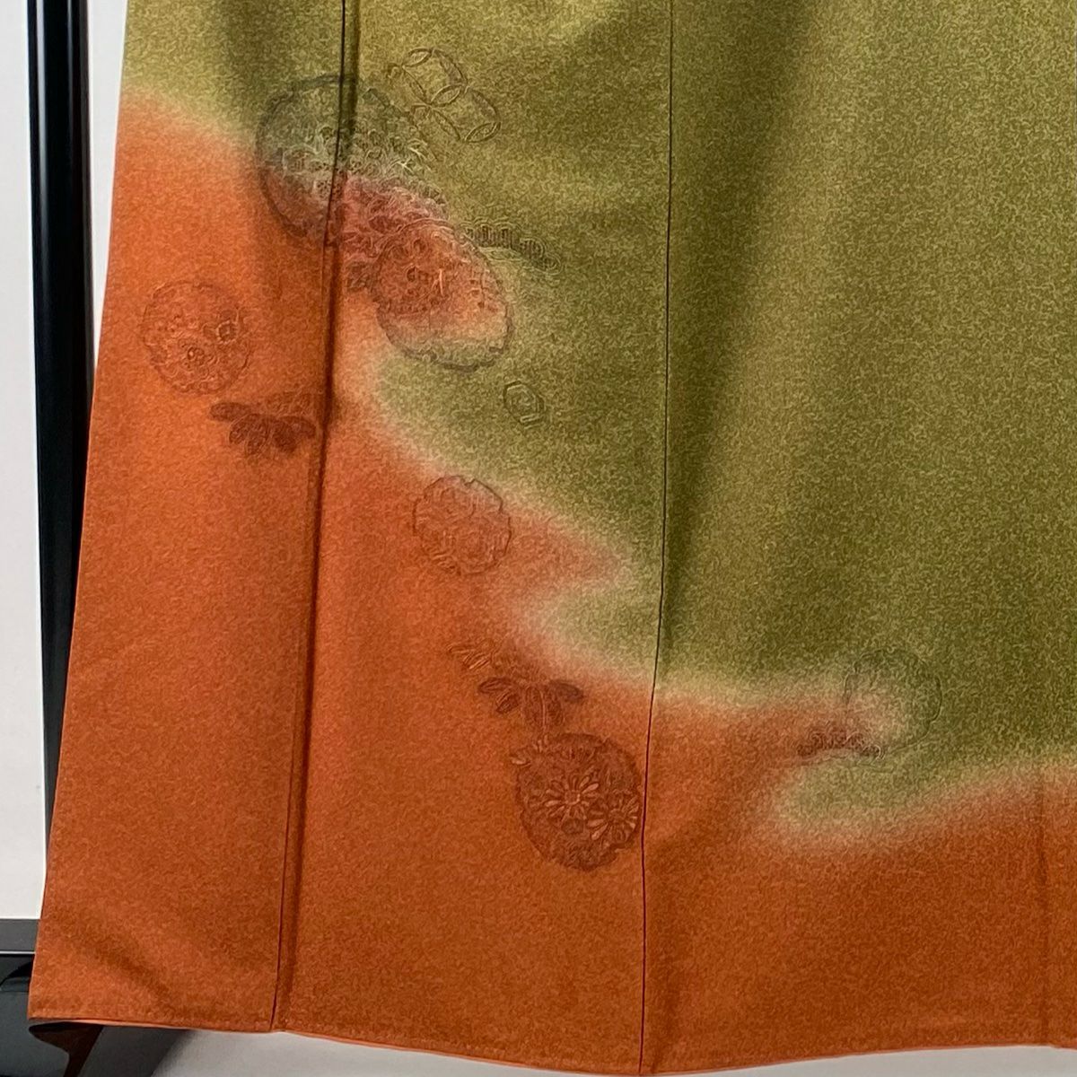 付下 身長161.5cm 袖長63.5cm S 雙層 雪輪 草花紋刺繡 霞暈染 鶯色 純蠶絲 優品級