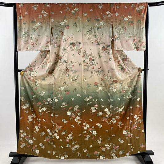 付下 身長164cm 袖長65cm M 雙層櫻花梅花金銀彩漸層茶純蠶絲 優品級