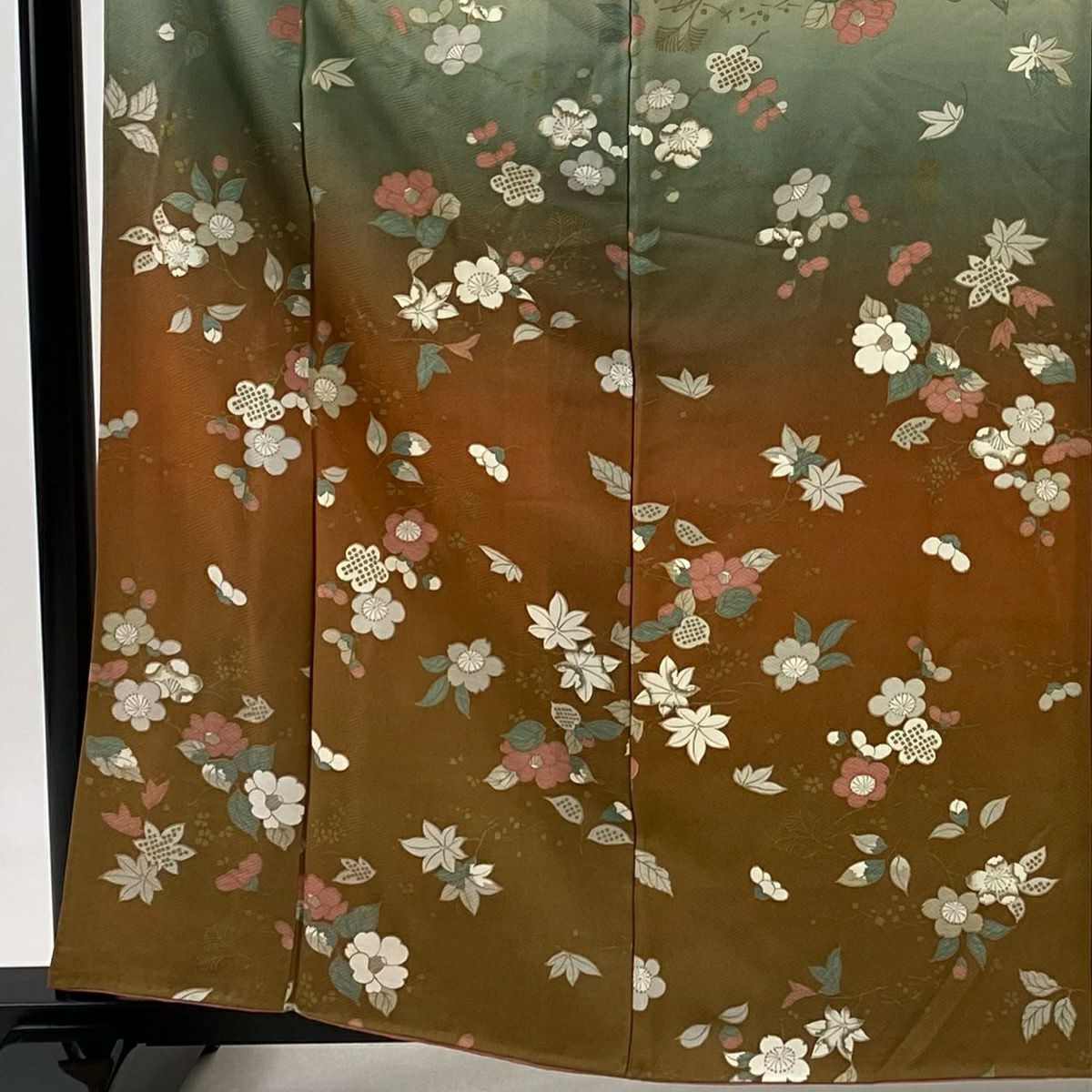 付下 身長164cm 袖長65cm M 雙層櫻花梅花金銀彩漸層茶純蠶絲 優品級