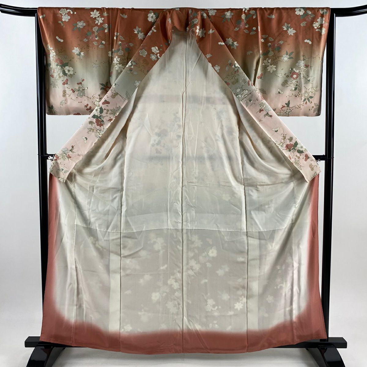 付下 身長164cm 袖長65cm M 雙層櫻花梅花金銀彩漸層茶純蠶絲 優品級