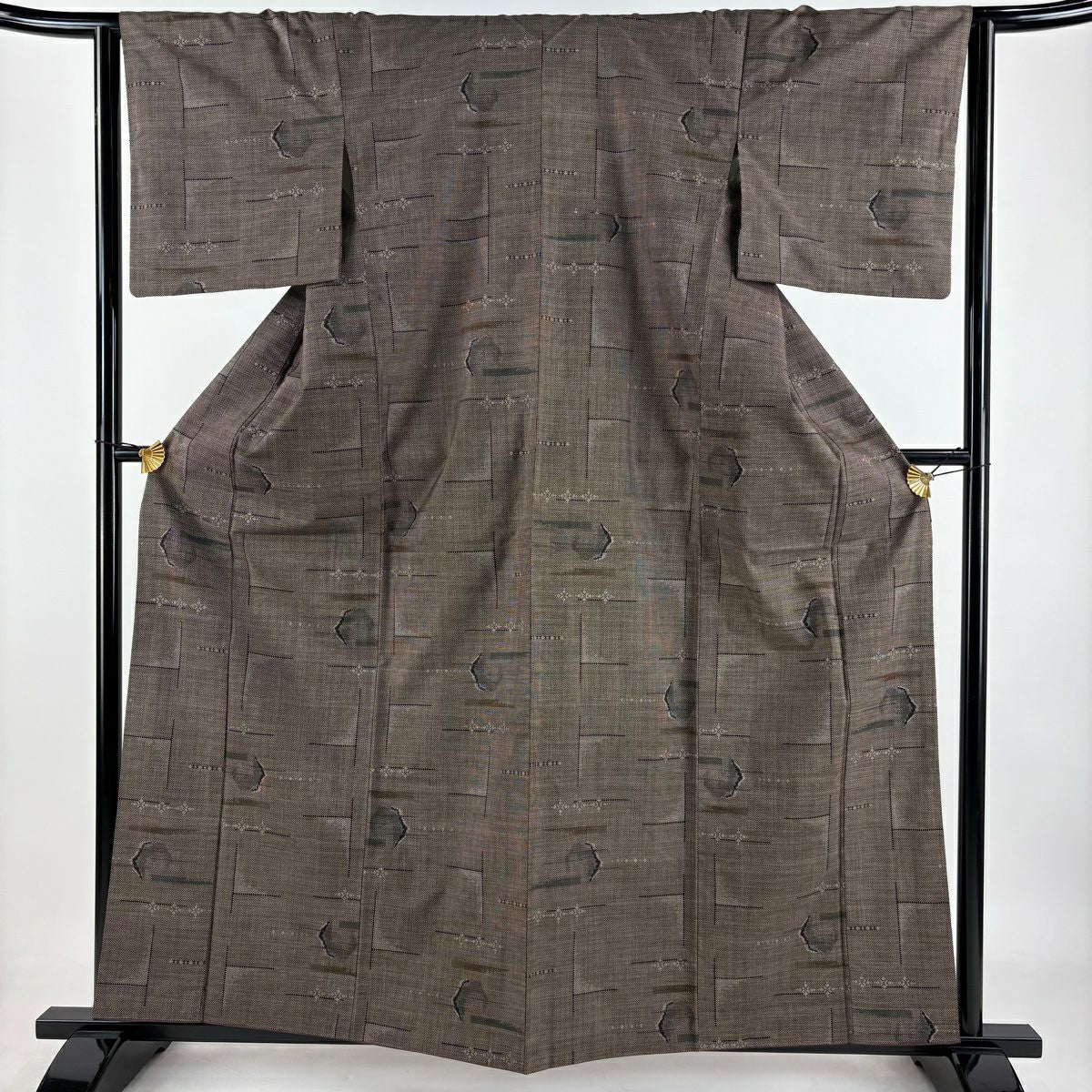 大島紬織 身長160.5cm 袖長62cm S 雙層 純泥染 證書あり 幾何學 焦茶 純蠶絲 優品級