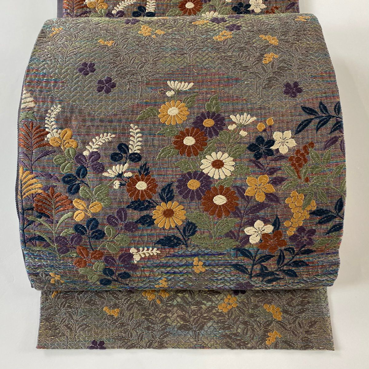 【美品】 袋帶 秀品級 草花紋 葉與實 刺繡 金銀線 灰紫 六通 純蠶絲