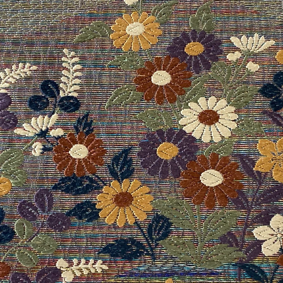 【美品】 袋帶 秀品級 草花紋 葉與實 刺繡 金銀線 灰紫 六通 純蠶絲