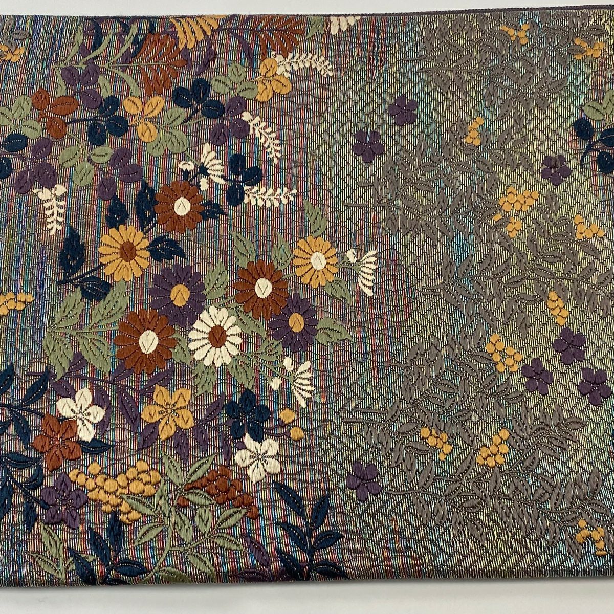 【美品】 袋帶 秀品級 草花紋 葉與實 刺繡 金銀線 灰紫 六通 純蠶絲