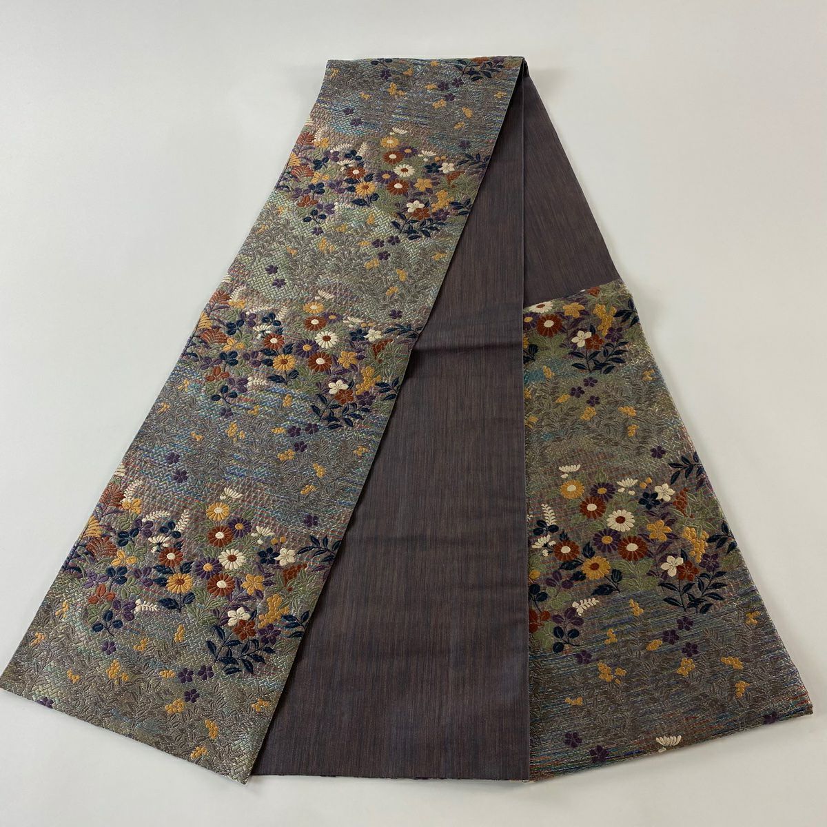 【美品】 袋帶 秀品級 草花紋 葉與實 刺繡 金銀線 灰紫 六通 純蠶絲