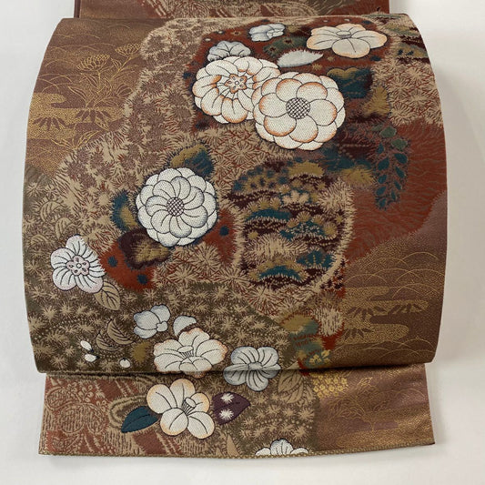 袋帶 秀品級 枝花 松樹 金金箔 深紅 六通 純蠶絲