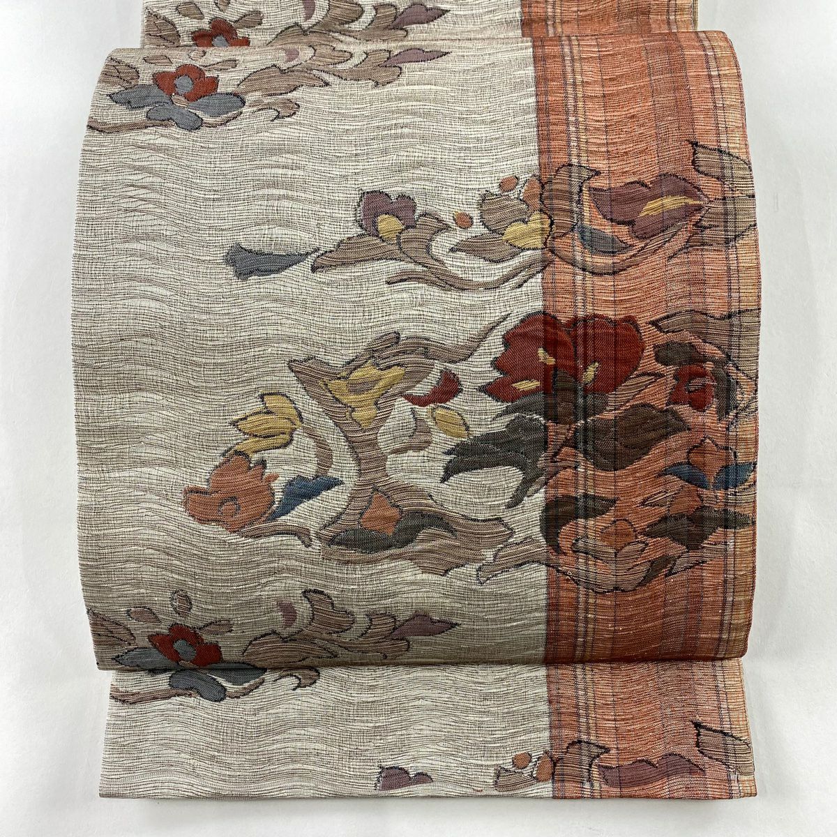 【美品】 袋帶 秀品級 草花紋紋 縞紋 金金箔 茜 深藍 六通 純蠶絲
