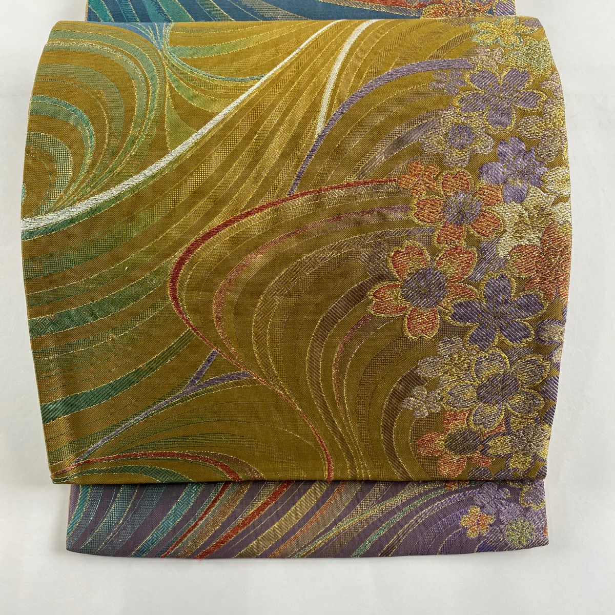 袋帶 秀品級 樱花 幾何學 金金箔 金絲 黃土色 六通 純蠶絲