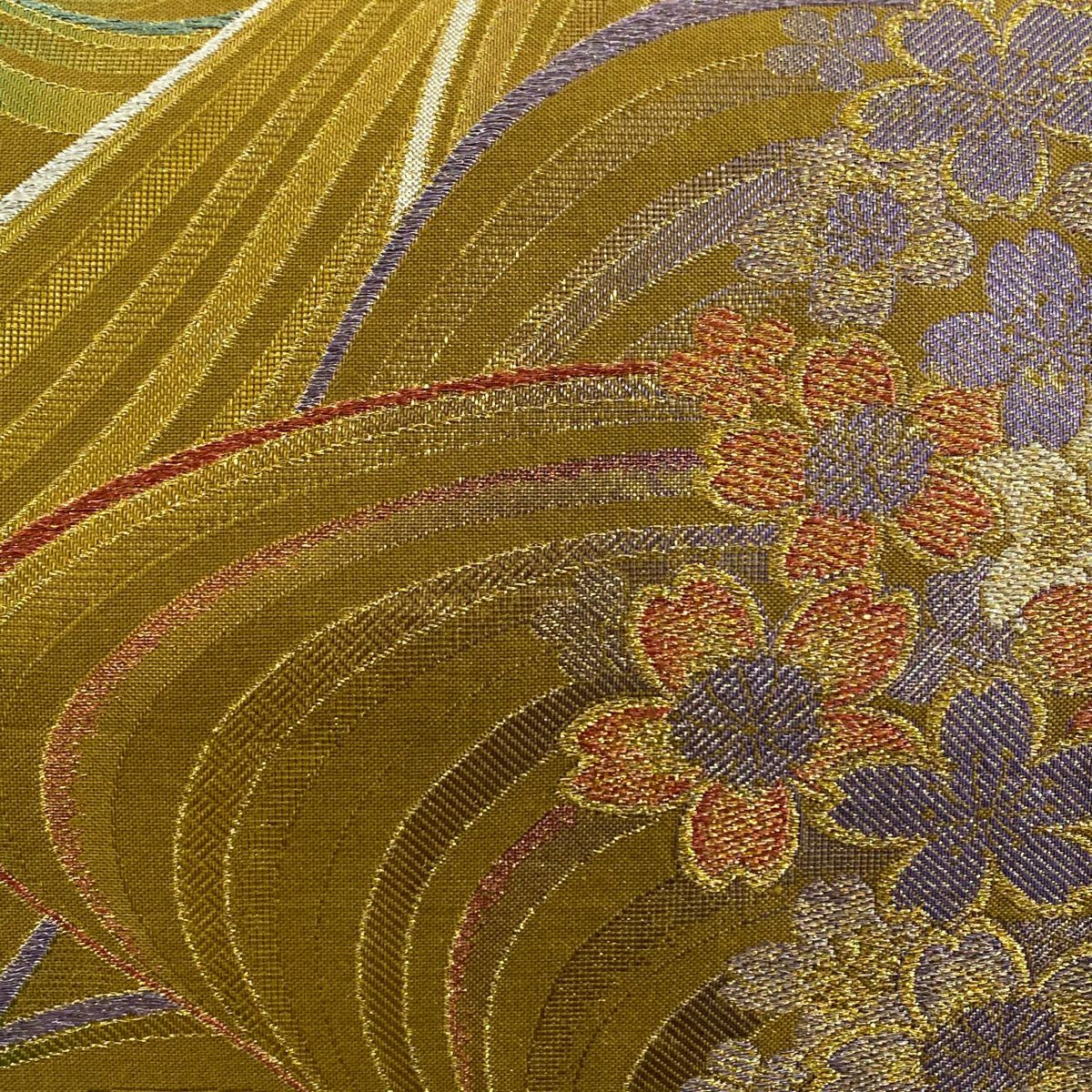 袋帶 秀品級 樱花 幾何學 金金箔 金絲 黃土色 六通 純蠶絲