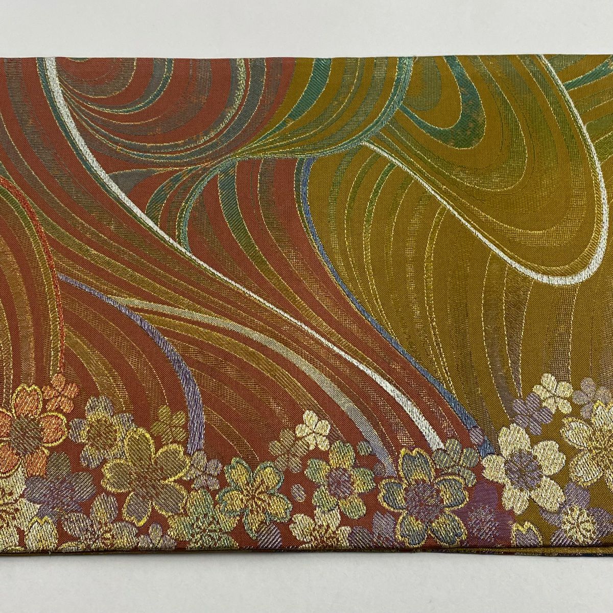 袋帶 秀品級 樱花 幾何學 金金箔 金絲 黃土色 六通 純蠶絲