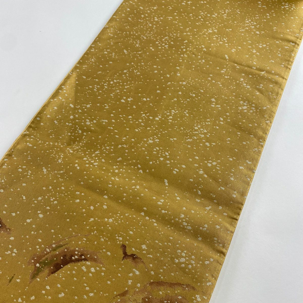 【美品】 袋帶 秀品級 幾何學 金金箔 薄茶 深藍色 六通 純蠶絲