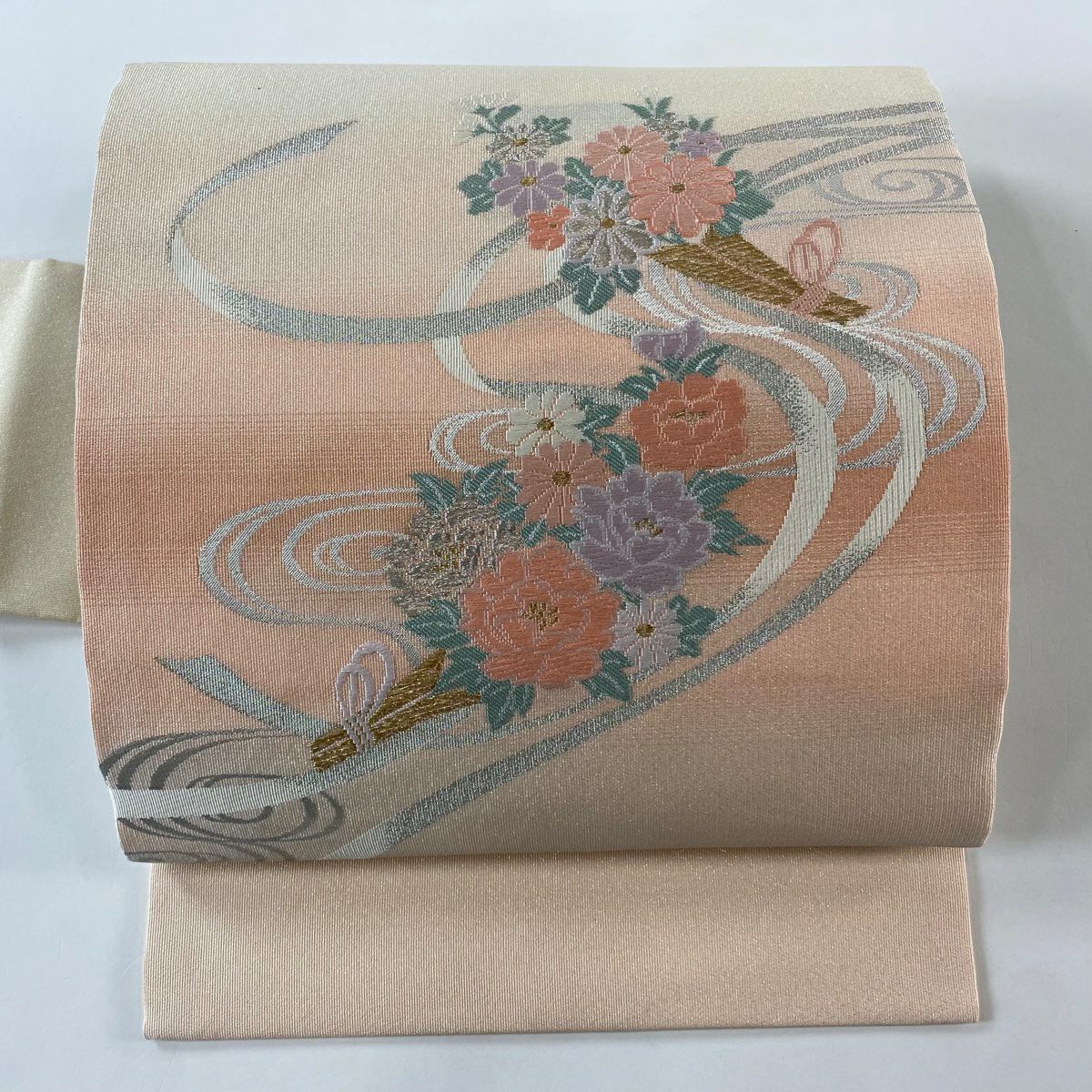 【美品】名古屋帶 優品級 牡丹 流水 金銀彩 金金箔 粉色 純蠶絲