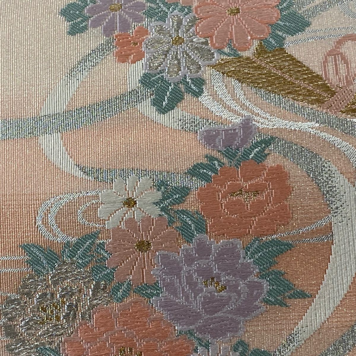 【美品】名古屋帶 優品級 牡丹 流水 金銀彩 金金箔 粉色 純蠶絲