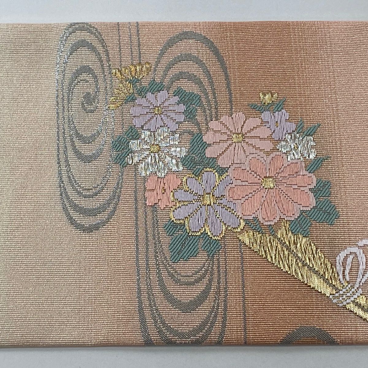 【美品】名古屋帶 優品級 牡丹 流水 金銀彩 金金箔 粉色 純蠶絲