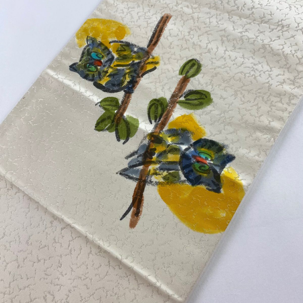 【庫存清倉】 【美品】 袋帶 名品級 附落款 貓頭鷹 文字紋 銀線 奶油色 大鼓圖案 純蠶絲