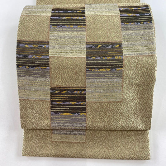 【清倉特賣】 【美品】 袋帶 名品級 變化市松樹 紋理 金通金箔 米色 六通 純蠶絲