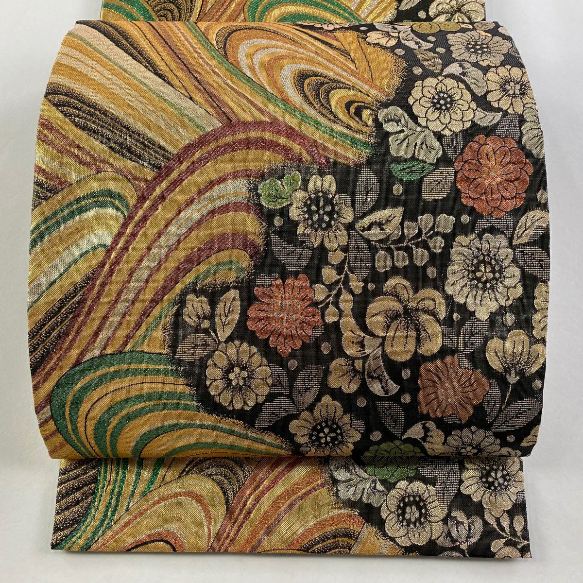 【美品】 袋帶 秀品級 草花紋紋 波紋 金金箔 金絲 墨色 六通 純蠶絲