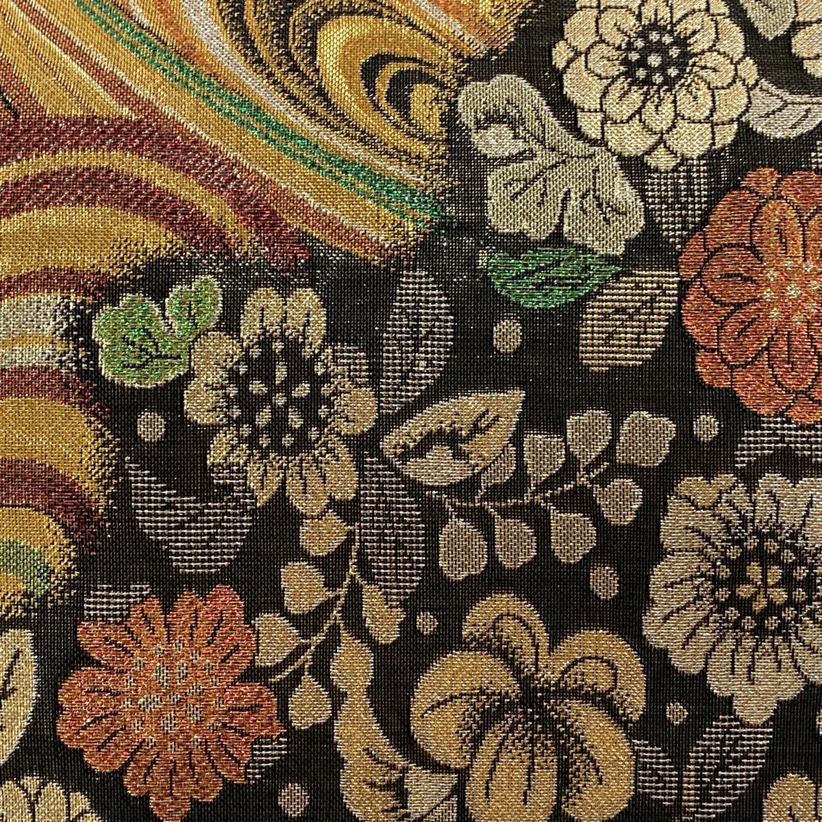 【美品】 袋帶 秀品級 草花紋紋 波紋 金金箔 金絲 墨色 六通 純蠶絲