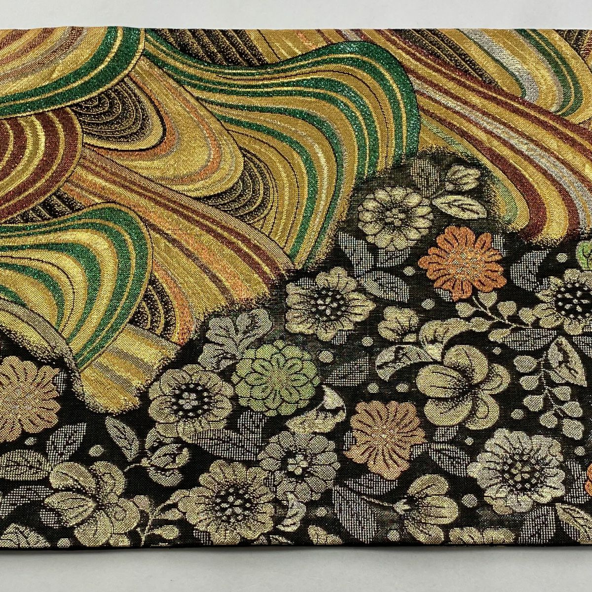 【美品】 袋帶 秀品級 草花紋紋 波紋 金金箔 金絲 墨色 六通 純蠶絲