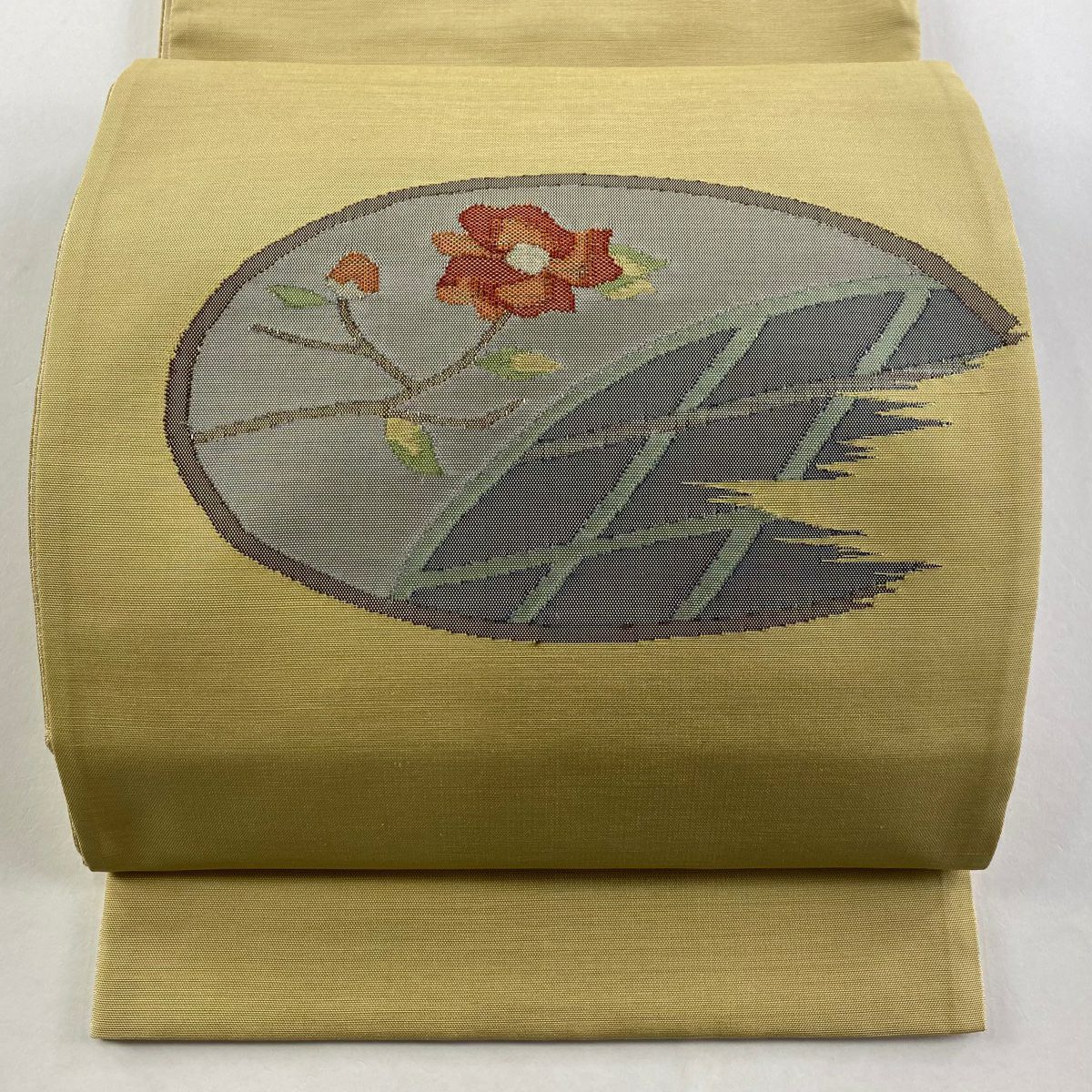 【美品】 袋帶 秀品級 草花紋幾何紋 金金箔 銀線 米色 大鼓圖案 純蠶絲