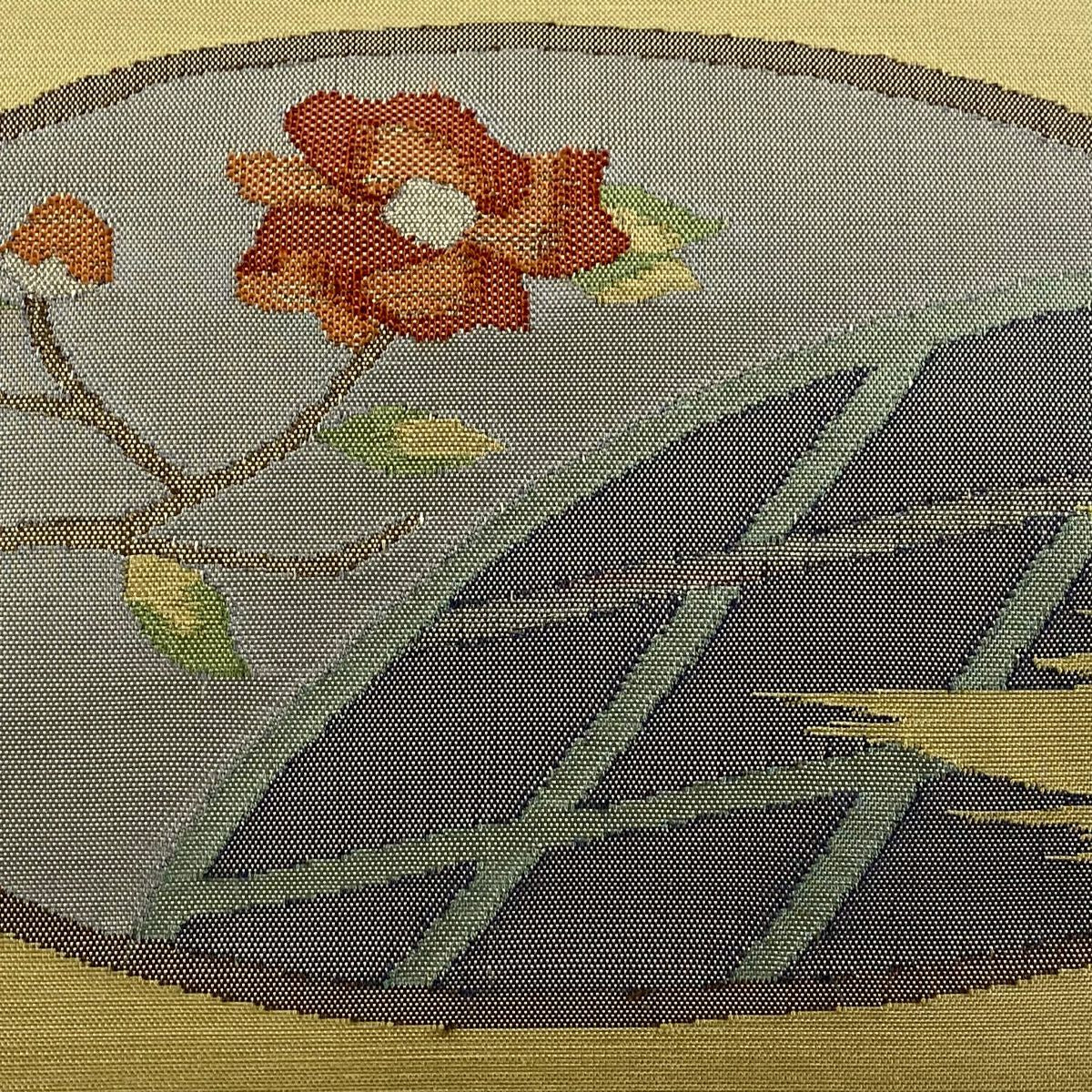 【美品】 袋帶 秀品級 草花紋幾何紋 金金箔 銀線 米色 大鼓圖案 純蠶絲