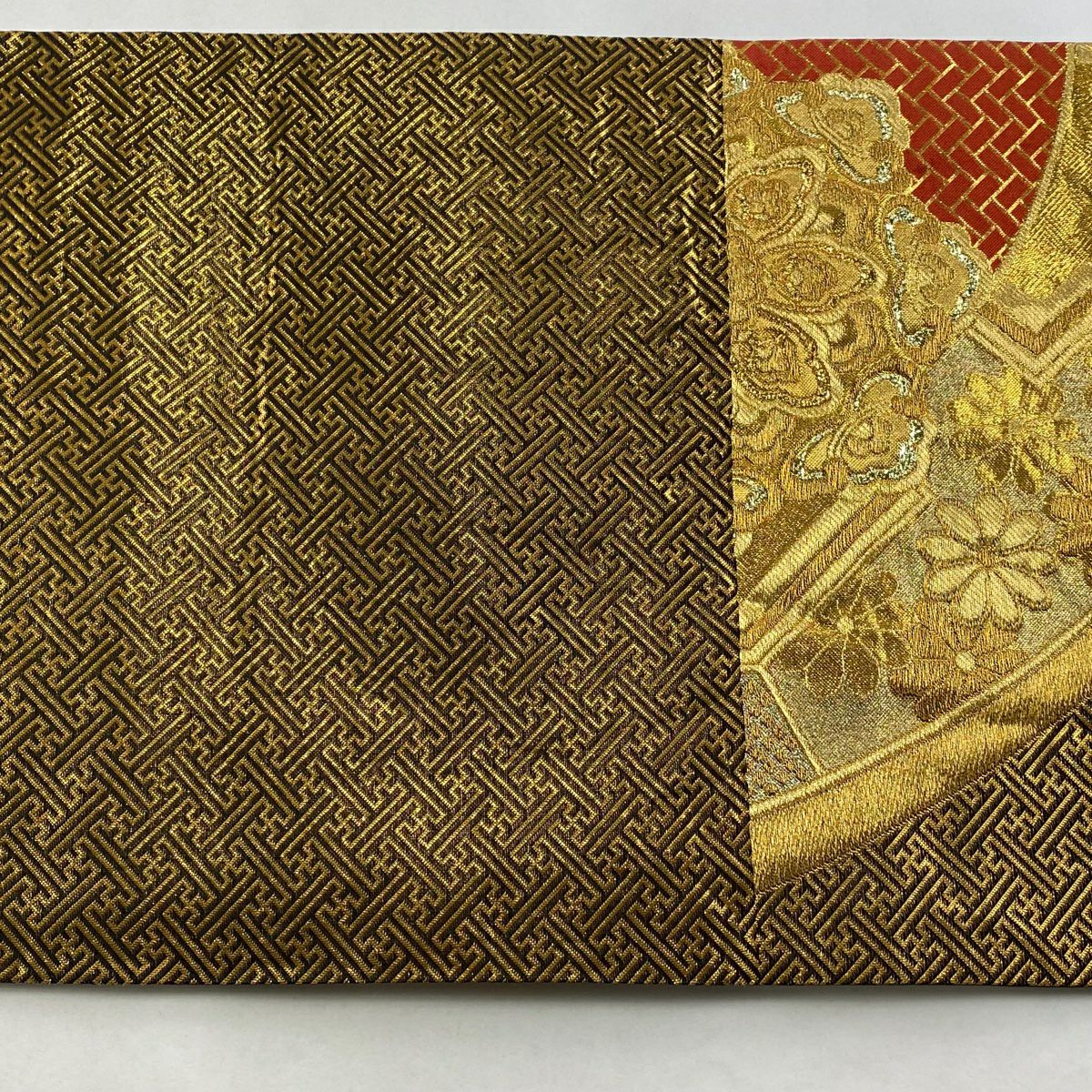 【美品】 袋帶 秀品級 華紋 紗綾形 金金箔 金絲 紅 六通 純蠶絲
