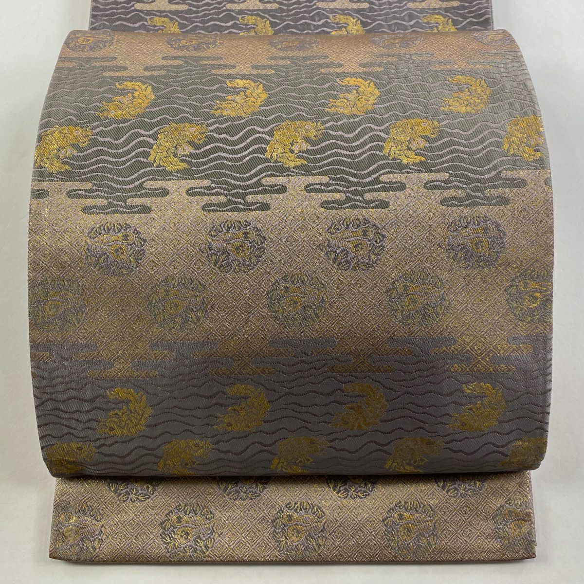 【美品】 袋帶 秀品級 荒磯 瓢箪 金金箔 青灰 六通 純蠶絲
