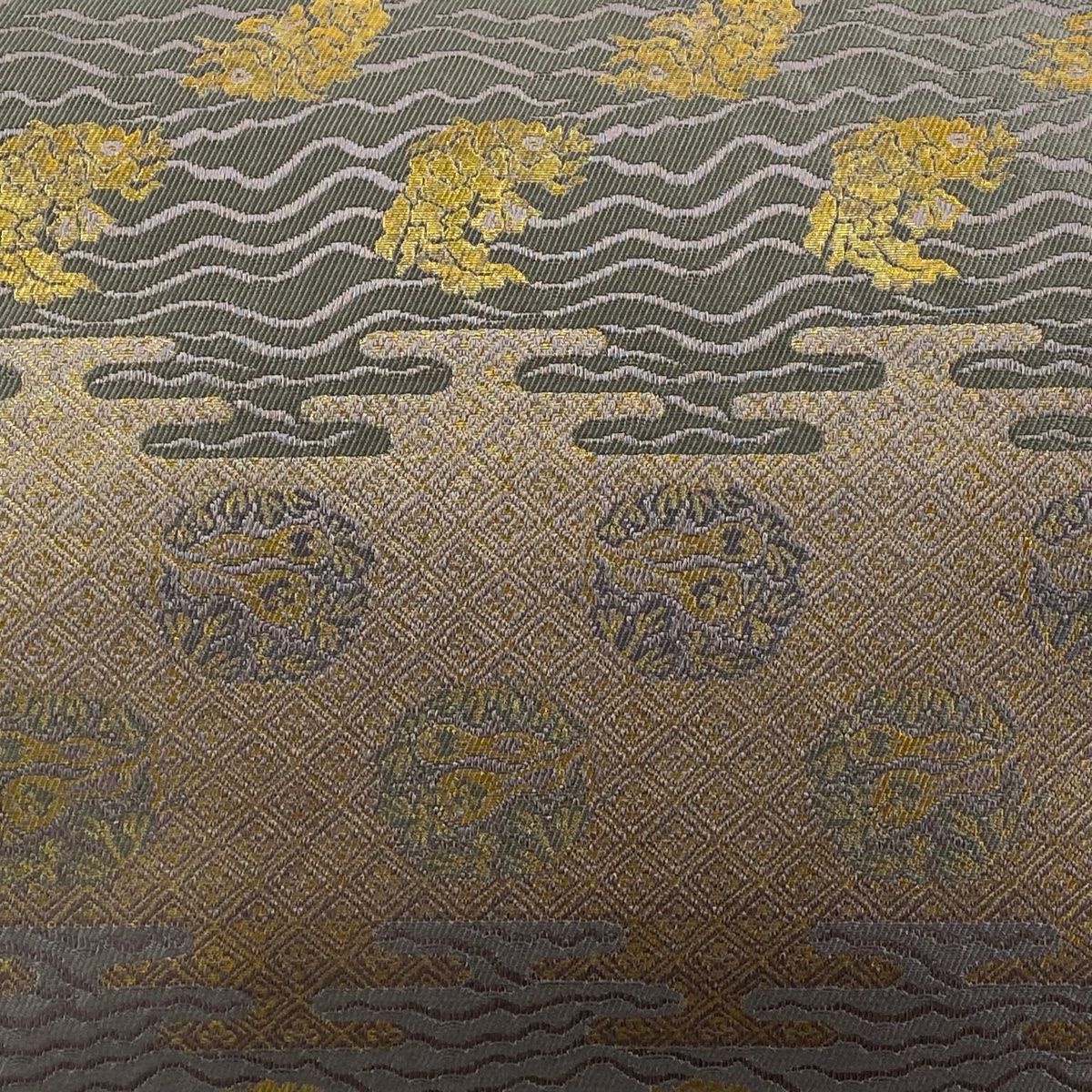 【美品】 袋帶 秀品級 荒磯 瓢箪 金金箔 青灰 六通 純蠶絲