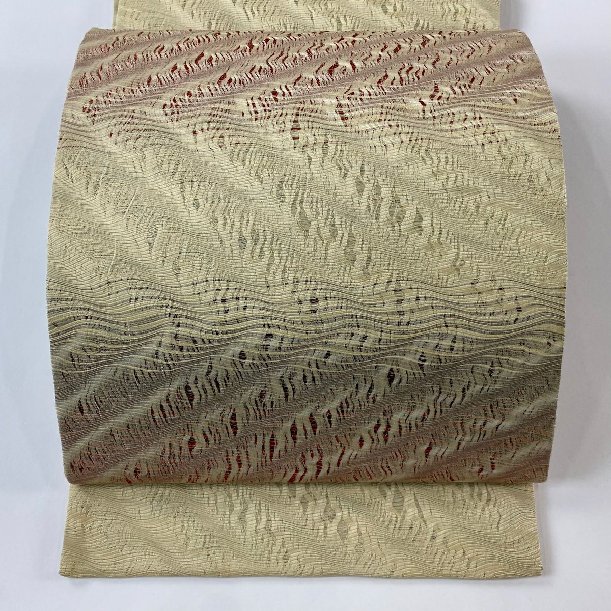 【美品】 袋帶 秀品級 よろけ縞 金糸 金金箔 米色 全通 純蠶絲