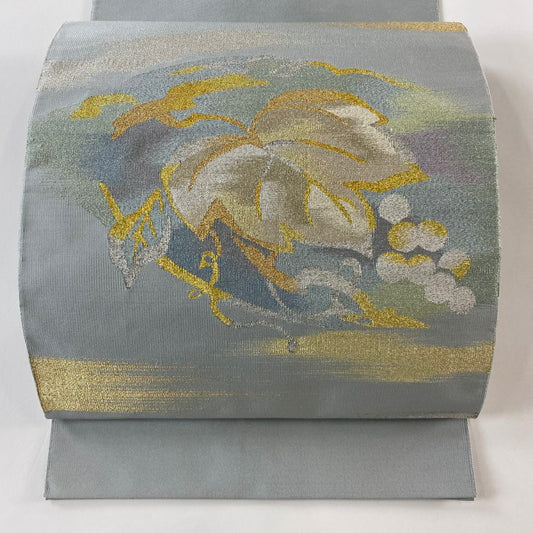 名古屋帶 優品級 八寸名古屋帶 葡萄 霞 金銀絲 青灰色 純蠶絲