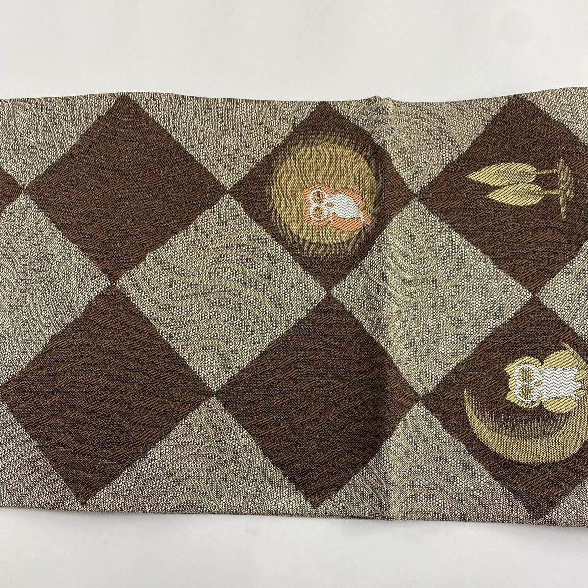 【美品】 袋帶 逸品級 證書齊全 博多織 貓頭鷹與月 市松樹 金銀線 灰茶 六通 純蠶絲