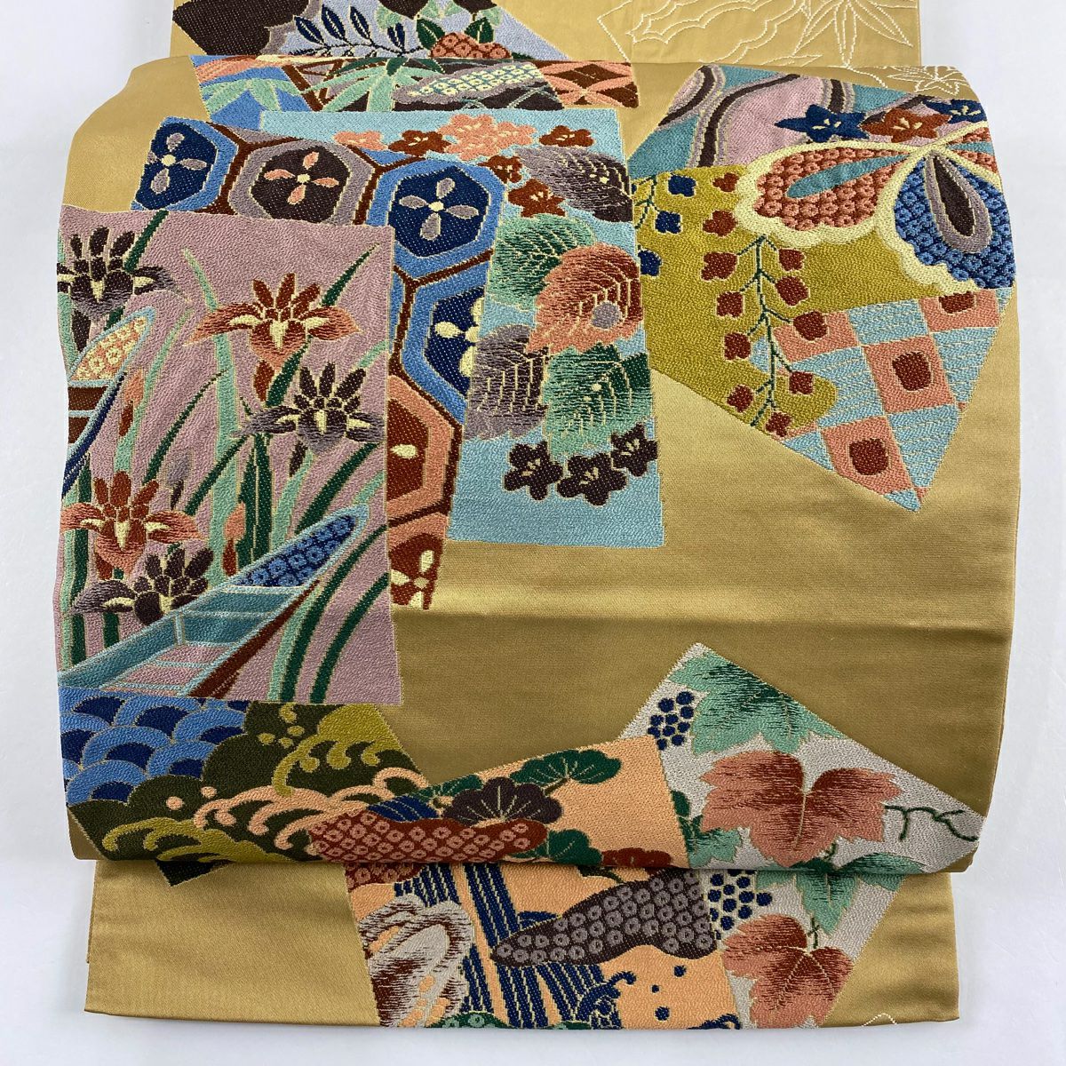 袋帶 逸品級 白綾苑大庭 落款あり 色紙 松樹竹子梅花 金金箔 黃土 深色 六通 純蠶絲