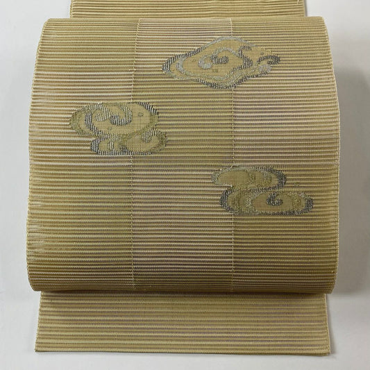開口名古屋帶 優品級 夏帶 絽 八寸名古屋帶 隧道仕立 波頭 金絲 銀絲 米色 純蠶絲