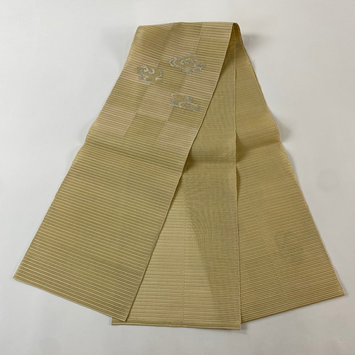 開口名古屋帶 優品級 夏帶 絽 八寸名古屋帶 隧道仕立 波頭 金絲 銀絲 米色 純蠶絲