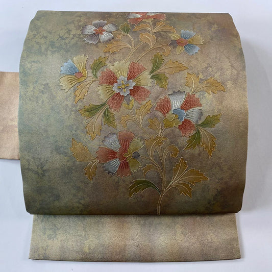 名古屋帶 優品級 草花紋 金糸 金金箔 淺茶 純蠶絲
