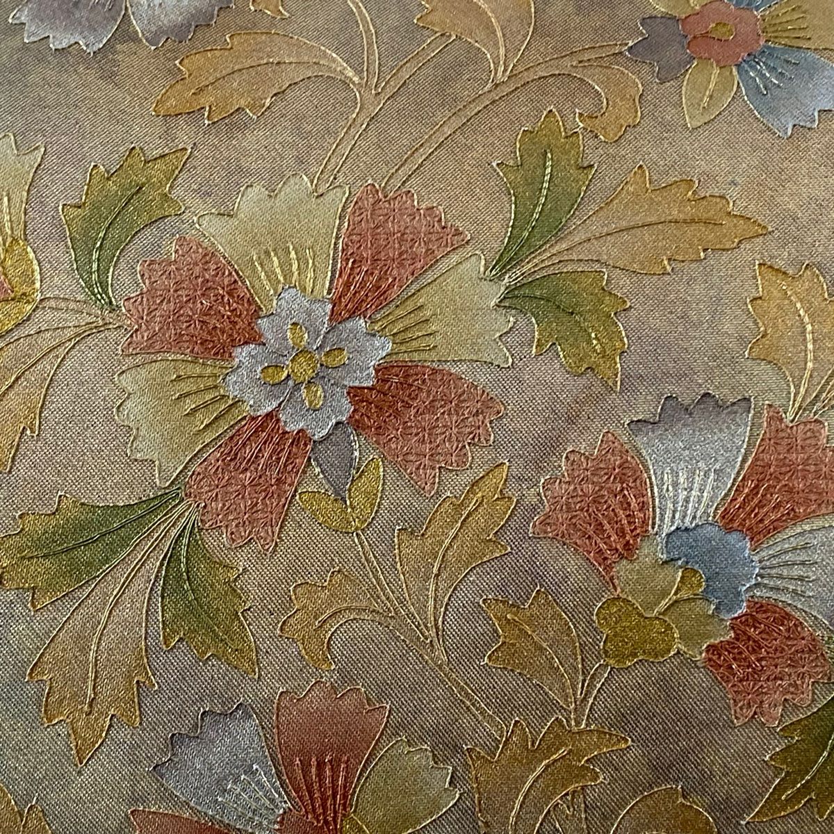 名古屋帶 優品級 草花紋 金糸 金金箔 淺茶 純蠶絲