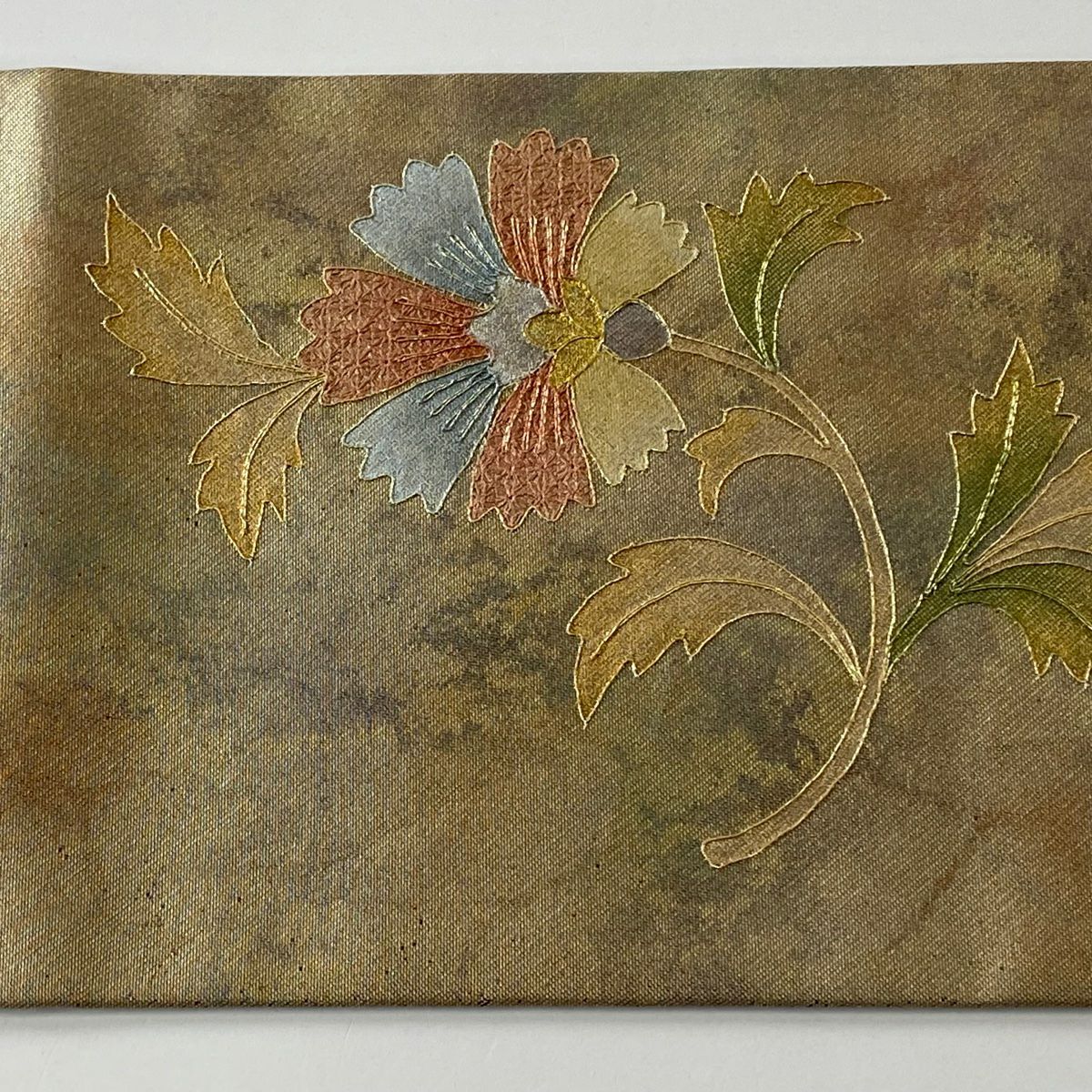 名古屋帶 優品級 草花紋 金糸 金金箔 淺茶 純蠶絲