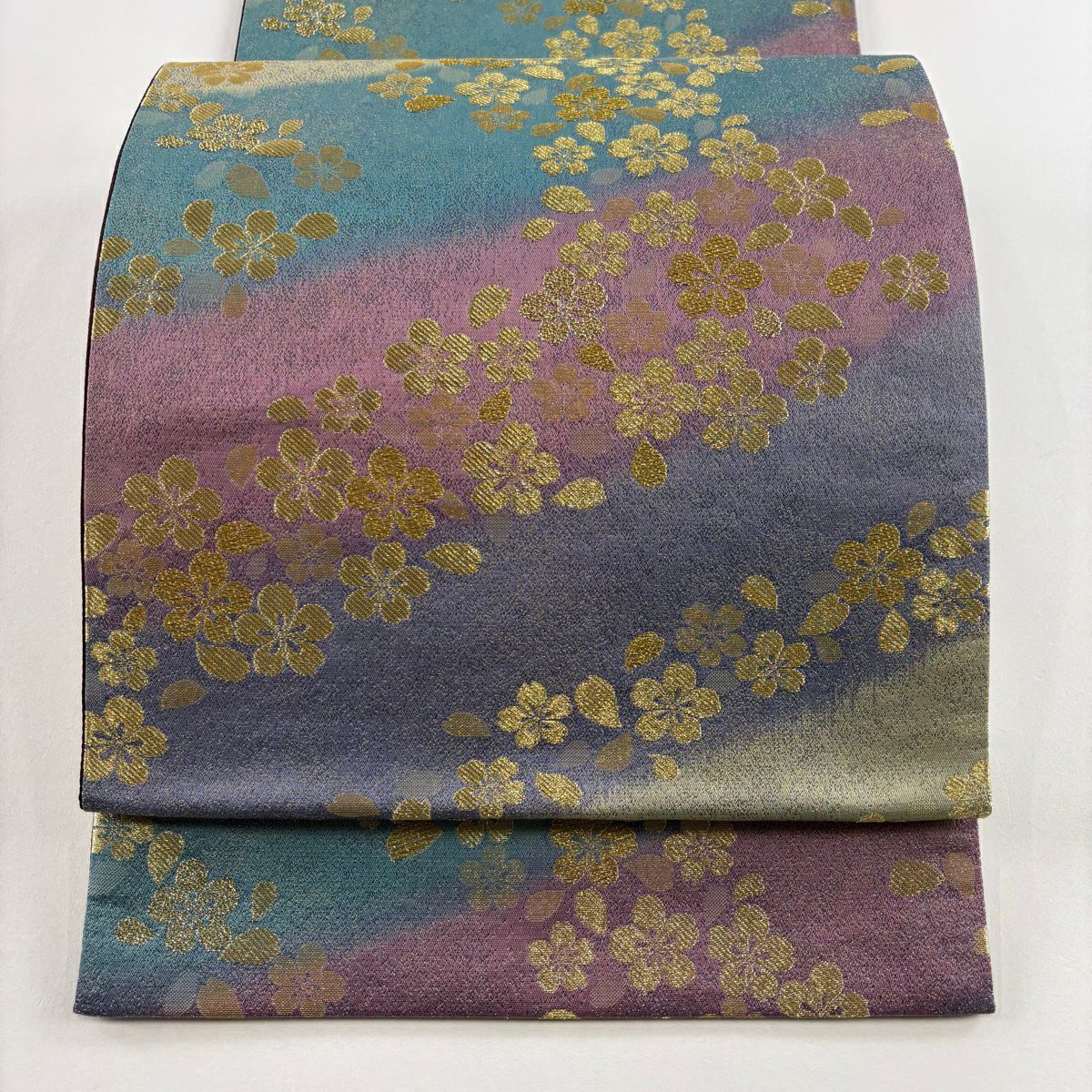 【美品】 袋帶 秀品級櫻花花瓣金絲金箔水藍六通純蠶絲