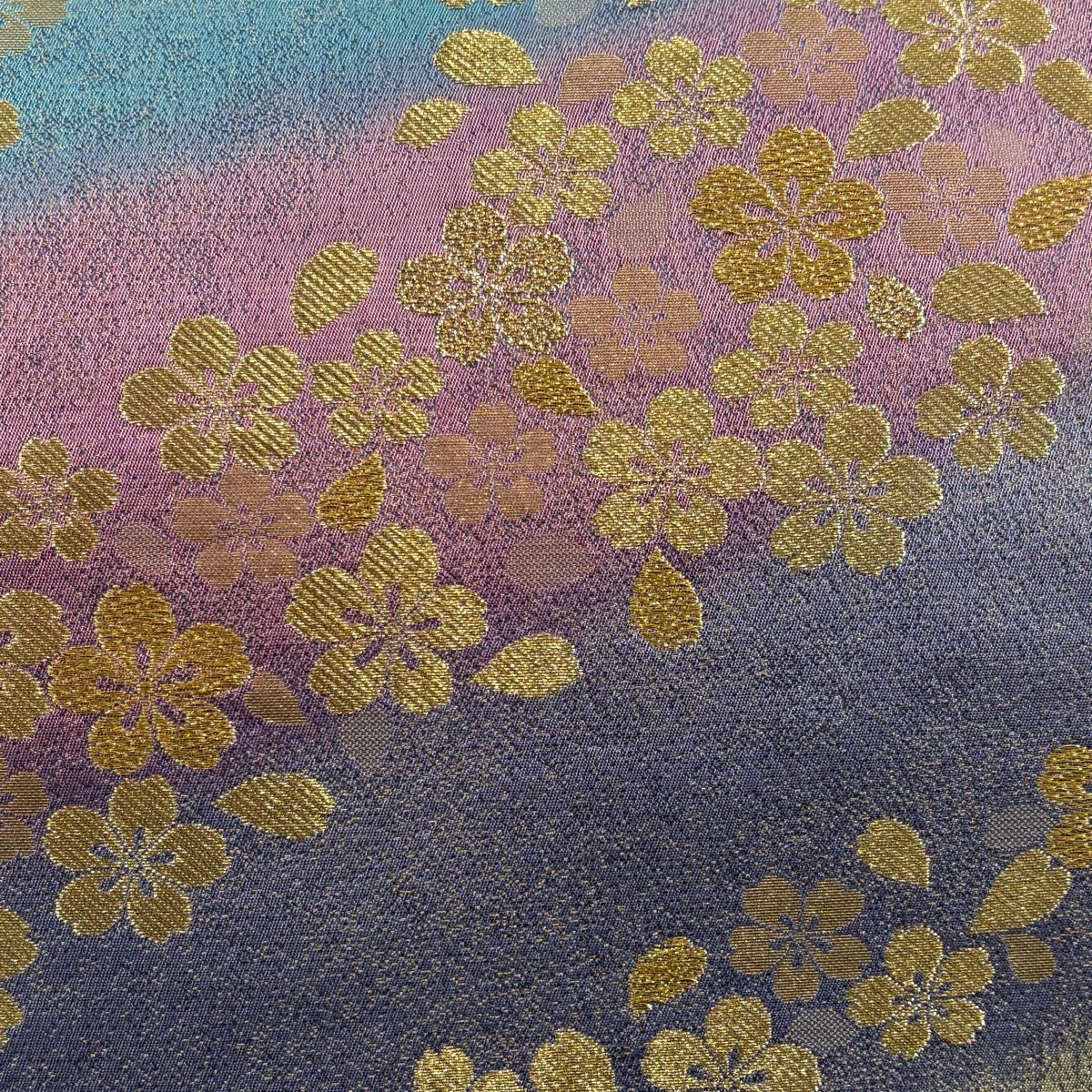 【美品】 袋帶 秀品級櫻花花瓣金絲金箔水藍六通純蠶絲