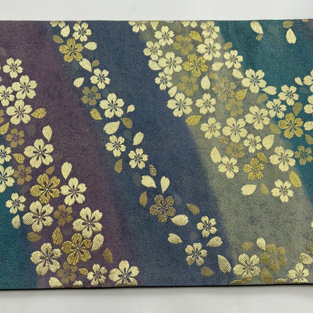 【美品】 袋帶 秀品級櫻花花瓣金絲金箔水藍六通純蠶絲