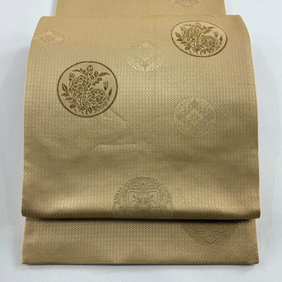 袋帶 秀品級 圓文 草花紋 金絲 淺茶色 大鼓圖案 純蠶絲